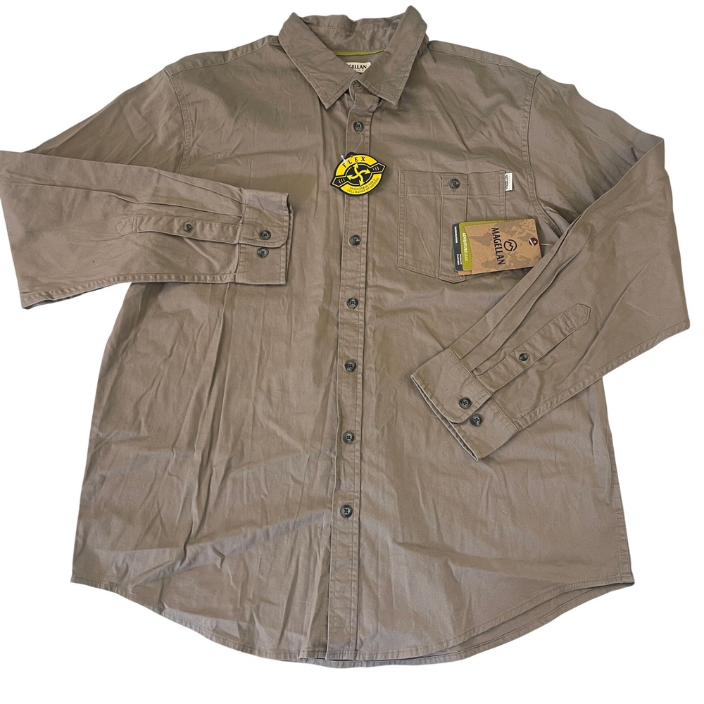 NWT Magellan Outdoors Woodlake Flex Shirt Hike Camp Mens Large Timber Wolf Brown